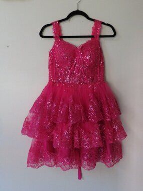 Pink Layered Ruffle Corset Bustier Sequin Glitter Dress Homecoming sz 4 Galinda